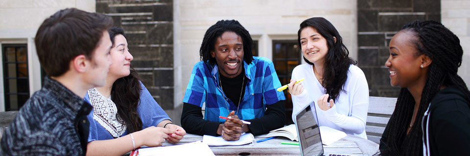 Students study at a table outside.
